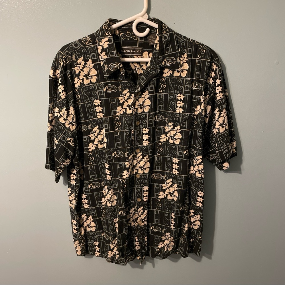 David Taylor 100% Silk Black and Cream Patterned Men's Shirt
